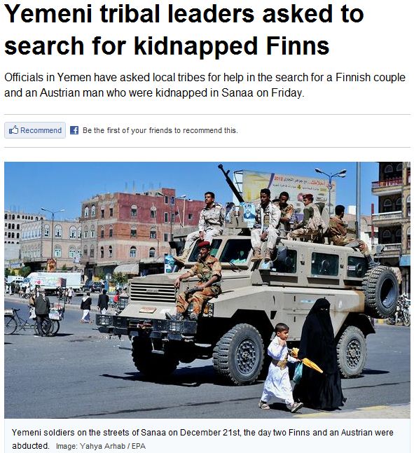 yemeni tribal leaders asked to search for Finns 27.12.2012