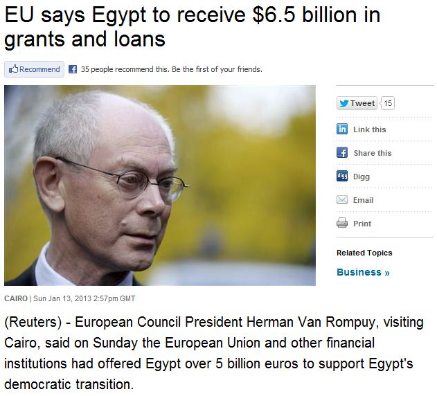 EU to hand over 6.5 billion euros to muslim brotherhood egypt 14.1.2013