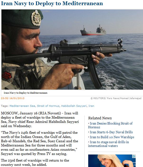 Iranian navy to deploy to mediterranaen 16.1.2013