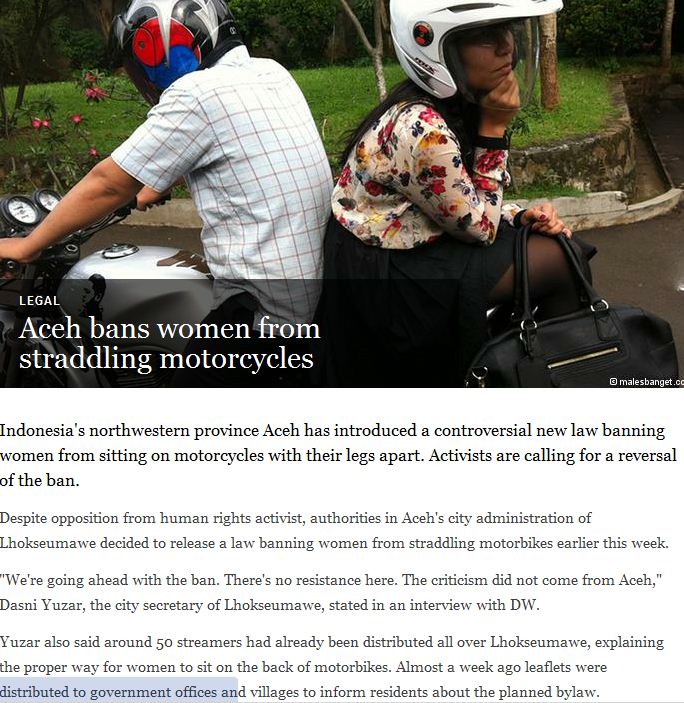 aceh bans females from riding normally on motorcycles 14.1.2013