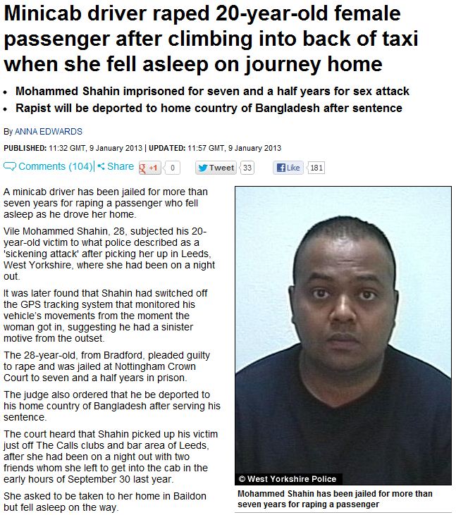 bangladeshi taxi driver rapes customer gets 7.5 years for crime 9.1.2013