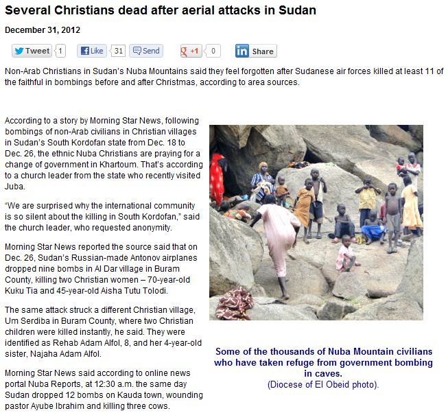 christians dead from areal bombarment in sudan 2.1.2013