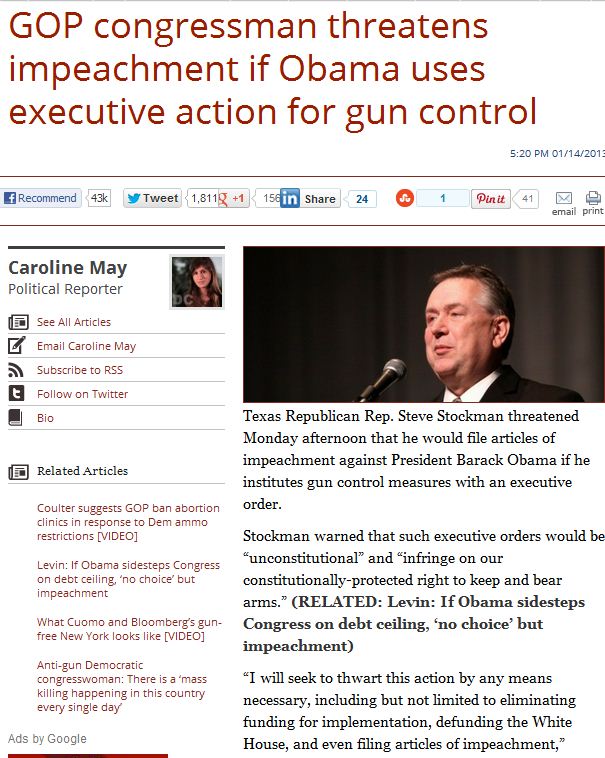 congressman threatens obama with impeachment over use of executive order on guns 15.1.2013