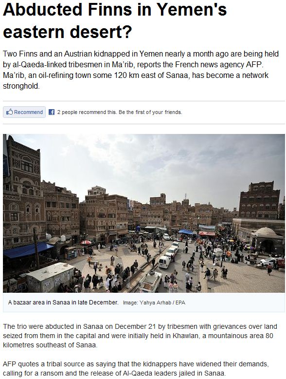 kidnapped finns in yemen's eastern desert 18.1.2013