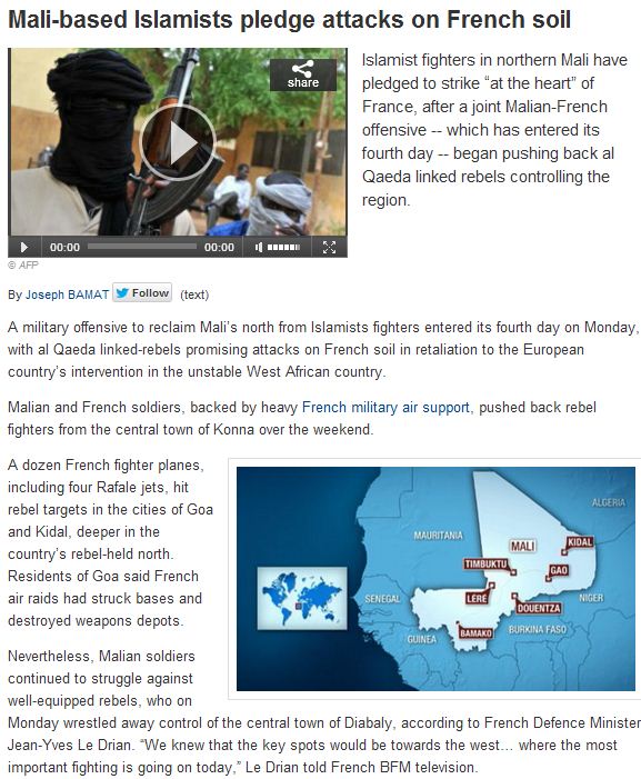 mali islamic fundamentalists promise terror attacks in france 14.1.2013