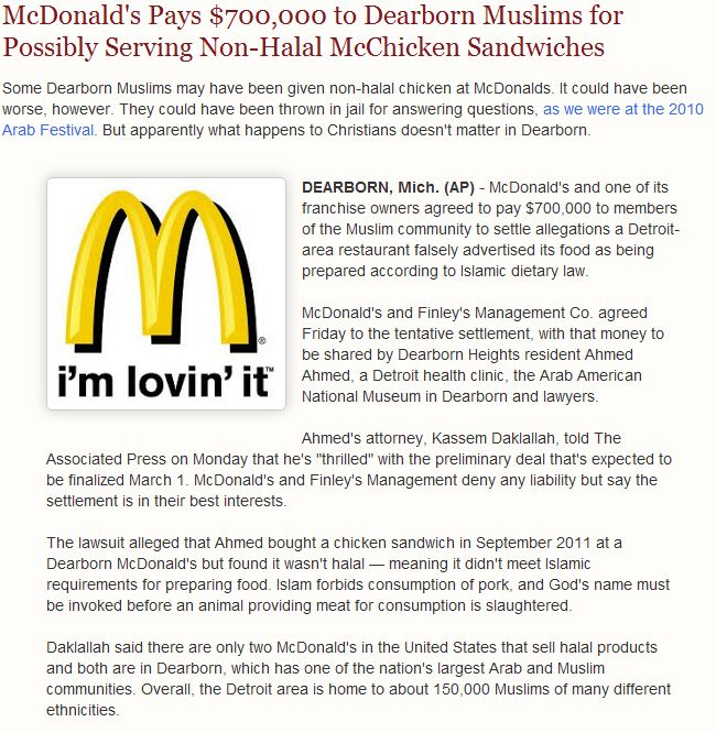 mcdonalds payout to muslims 22.1.2013