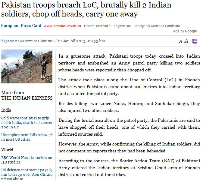 paki troops behead two indians 8.1.2013