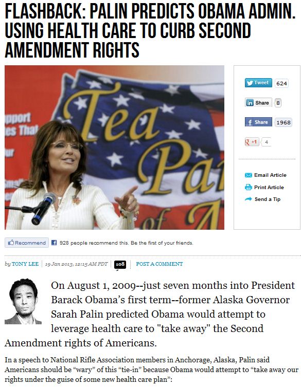 palin predicted obama use of obamacare for gun control 20.1.2013