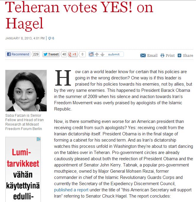 tehran votes yes on hagel 11.1.2013