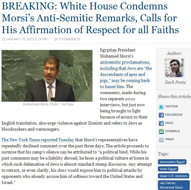 white House condemns morsi anti-jewish statements 15.1.2013