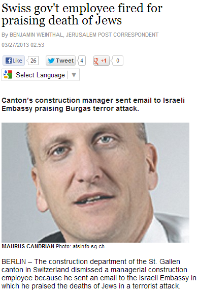 swiss canton construction manager sent email to israeli embassy praising burgas terror attack 27.3.2013