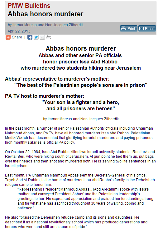 abbas again honors terrorists with blood on their hands 22.4.2013