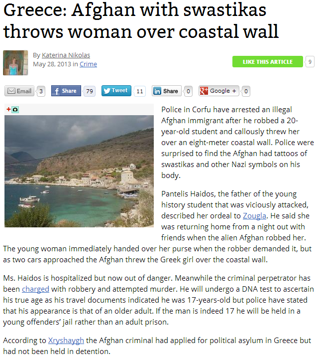 AFGHAN TATTOED WITH SWASTIKAS TOSSES WOMAN OFF OF SEA WALL 30.5.2013