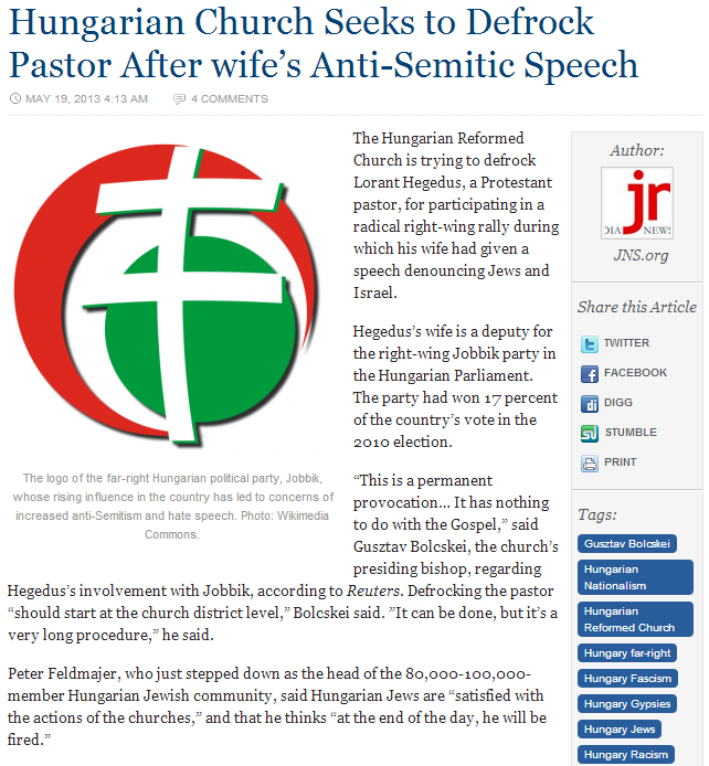 Hungarian jobbik pastrs wife denounces Jews and Israel church seeks to defrock her husband 20.5.2013