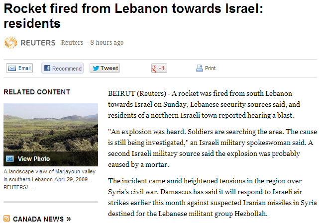 rocket fired from lebanon to israel 27.5.2013