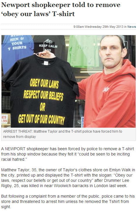 uk police force shop owner to remove truthful t-shirt slogan from window 31.5.2013