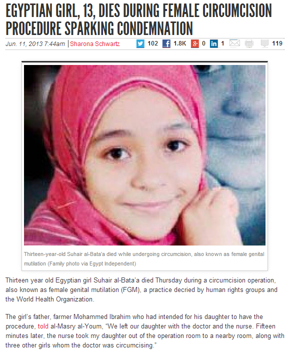 13 yr old girl dies from fgm in egypt 12.6.2013