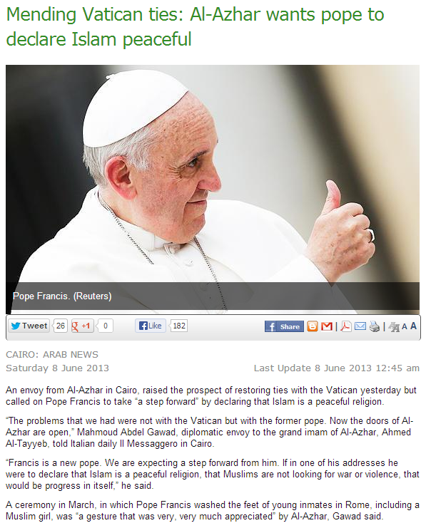 al-azhar wants pope to declare islam peaceful 10.6.2013