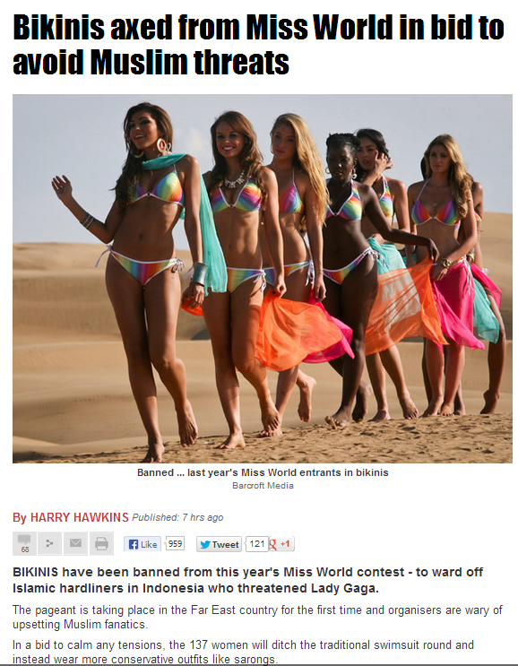 bikinis axed from indonesia miss world pagent 6.6.2013