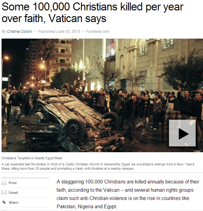 hundred thousand christians killed annually for their faith 3.6.2013