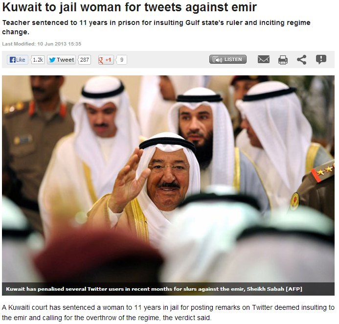 kuwait woman faces jail over anti-emir tweets 11.6.2013