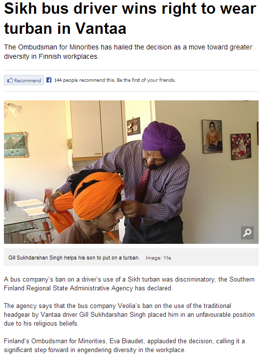 sikh headgear ban overturned by finnish administrative agency 28.6.2013