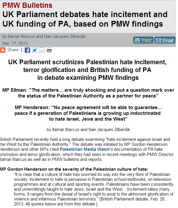 PMW - uk parliament debates uk funding of pa hate speech based on pmw findings 21.8.2013