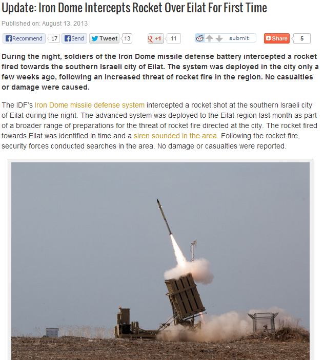 israeli iron dome intercepts missile fired over eilat for first time 13.8.2013