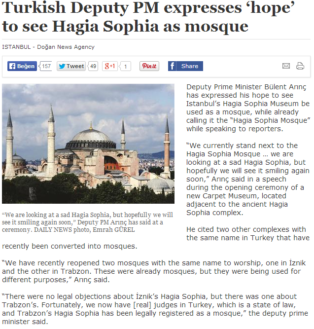 turk pm hpes for the hagia to be a mosque 18.11.2013
