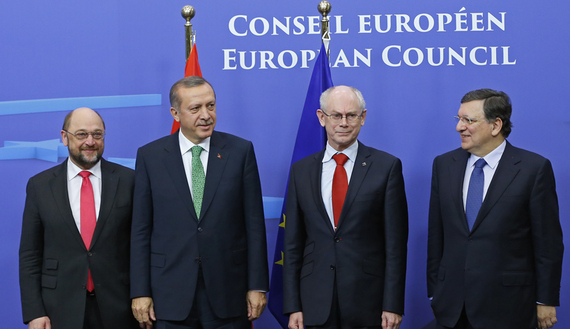 Turkey's Prime Minister Erdogan poses for a family photo with EU Parliament Schulz, EU Council President Van Rompuy and EC President Barroso in Brussels