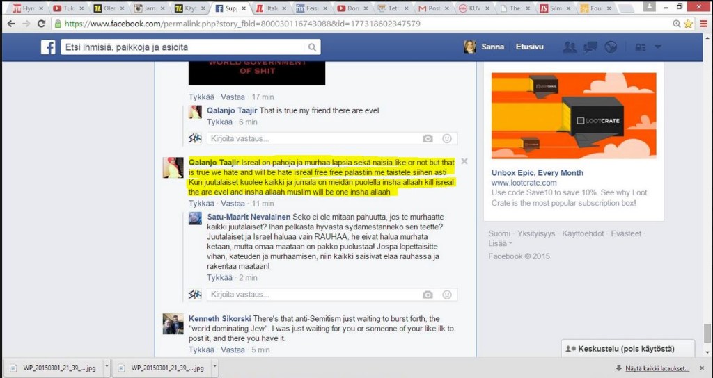 death threats on Finnish FB pro-Israel page  2.3.2015