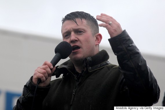 BIRGMINGHAM, UNITED KINGDOM - FEBRUARY 6: Tommy Robinson, former founder of the English Defence League, addresses the crowd during the 'silent march' organized by Pegida (Patriotic Europeans against the Islamisation of the West) UK supporters in Birmingham, England on February 6, 2016.  (Photo by Lee Harper/Anadolu Agency/Getty Images)