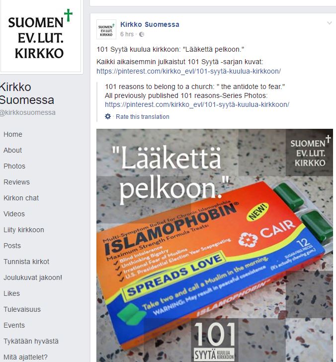 Finnish Lutheran church apes islamophobia meme